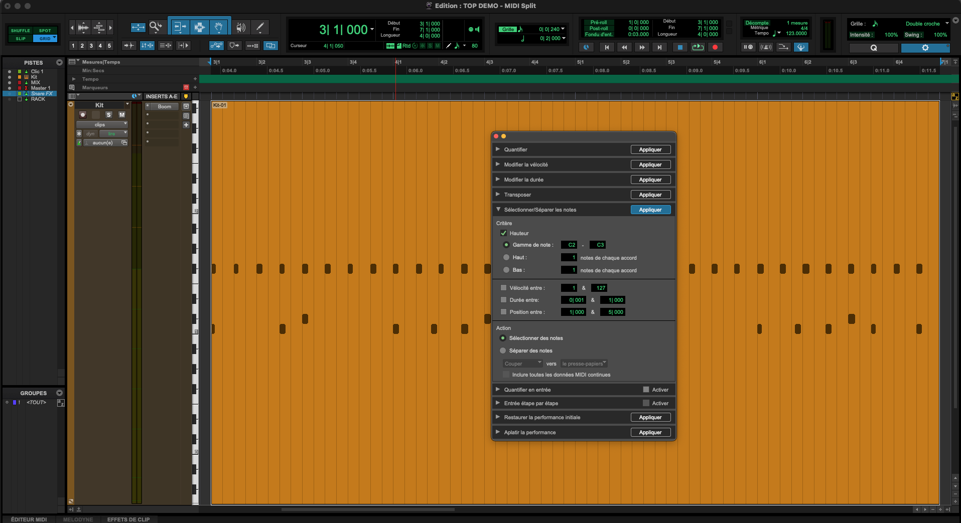 Pro Tools : Sélectionner-Séparer les Notes (MIDI)